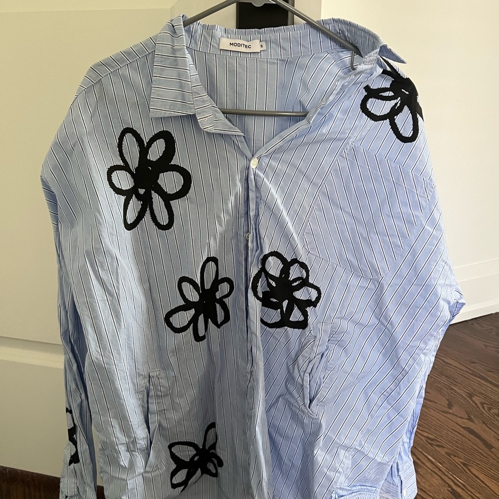 Blue Striped Shirt with Black Floral Design